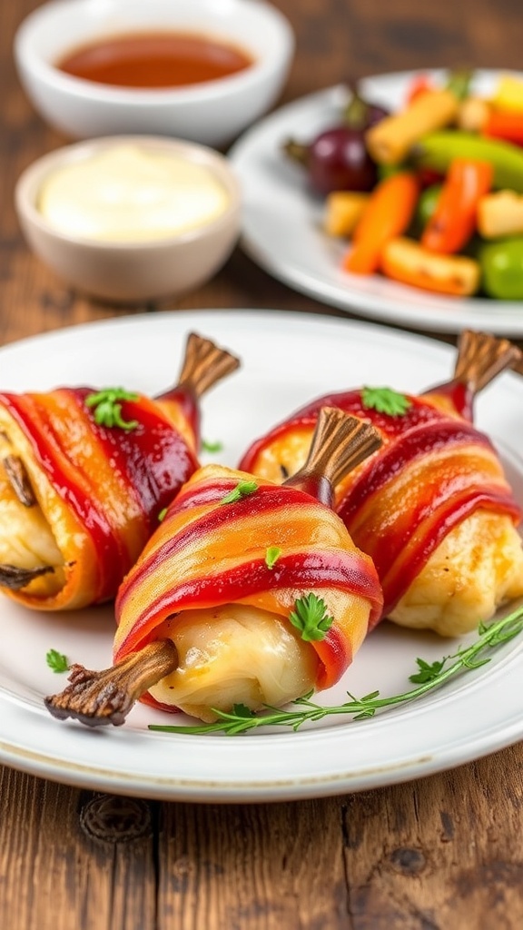 Air fryer bacon-wrapped quail garnished with herbs on a rustic plate with roasted vegetables.
